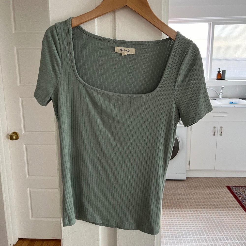 MADEWELL FROSTED WILLOW SHORT SLEEVE RIBBED SQUARE-NECK CROP TEE XXS
